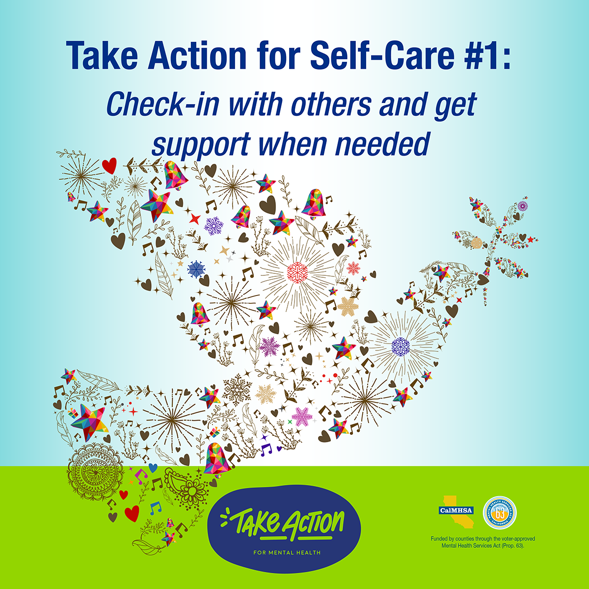 flyer with picture of dove shaped holiday bells and stars saying take action for self care