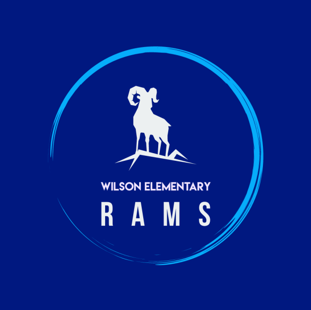 white graphic ram on navy blue back ground with light blue swirl around and words wilson elementary rams below